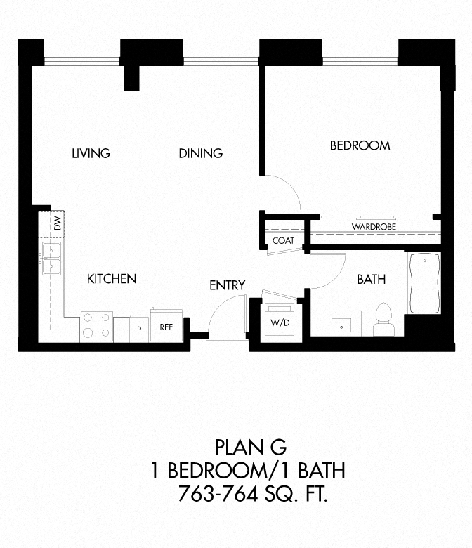 Floor plan for 1 bed, 1 bath, 762 sqft